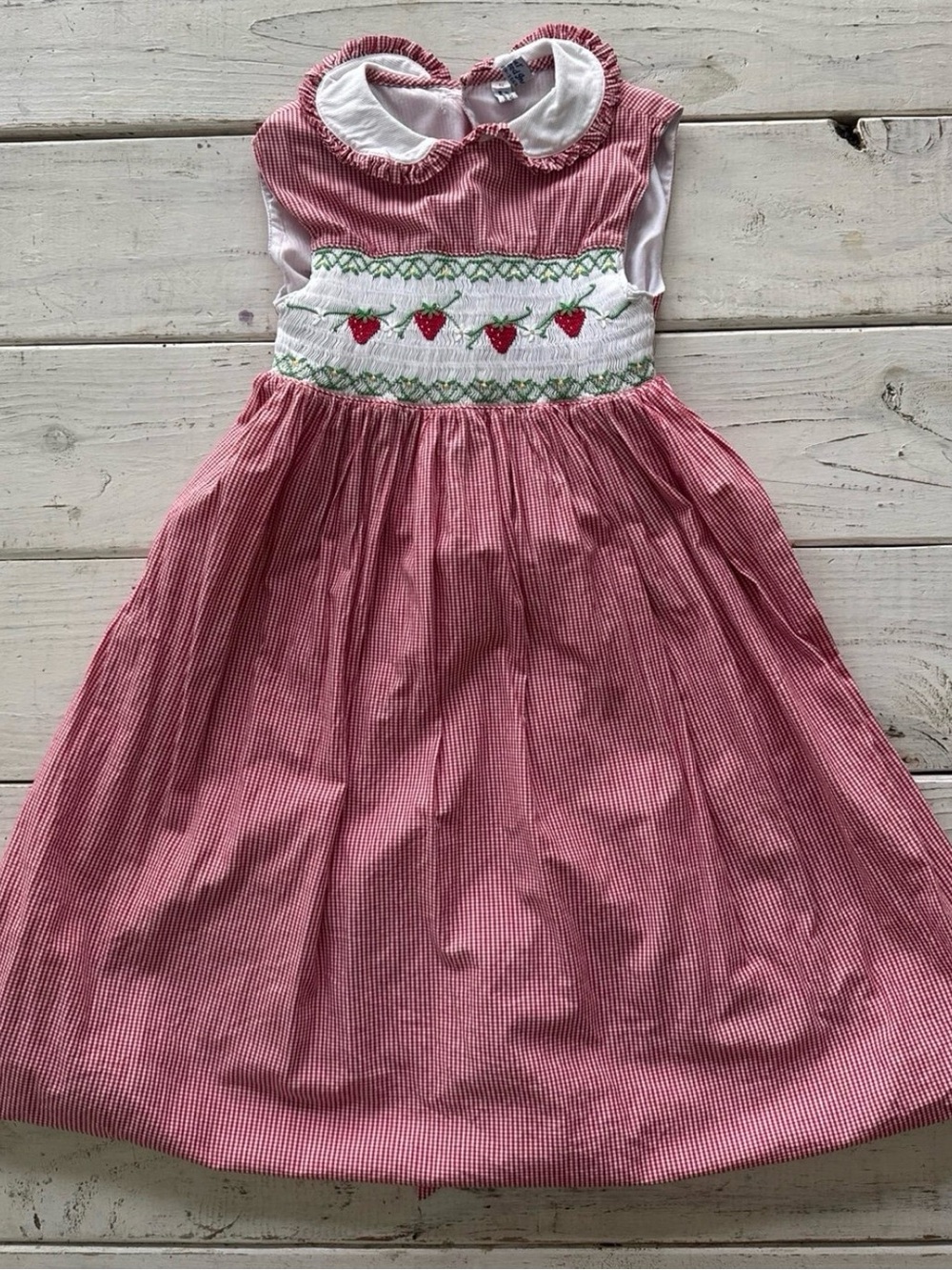Smocked Strawberry Gingham Dress with Peter Pan Collar
